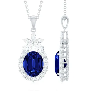 Oval Cut Created Blue Sapphire and Moissanite Floral Statement Pendant