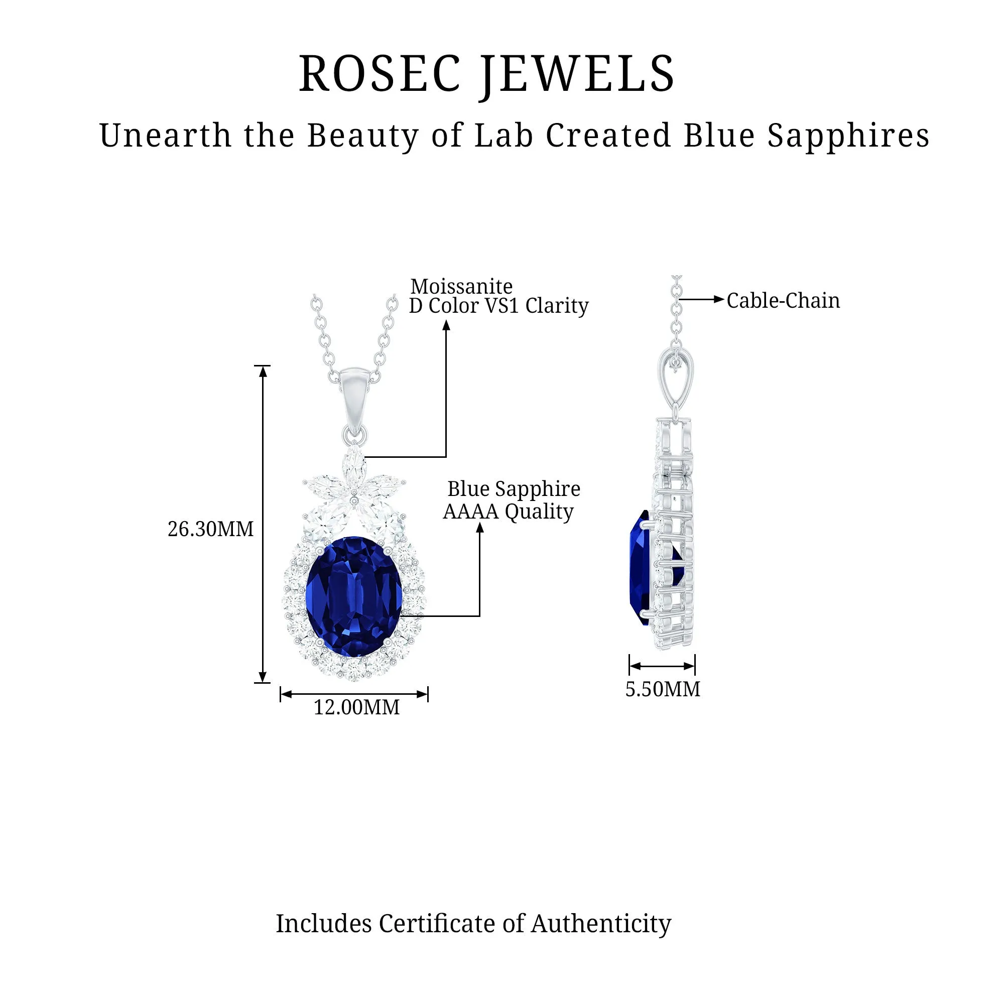 Oval Cut Created Blue Sapphire and Moissanite Floral Statement Pendant