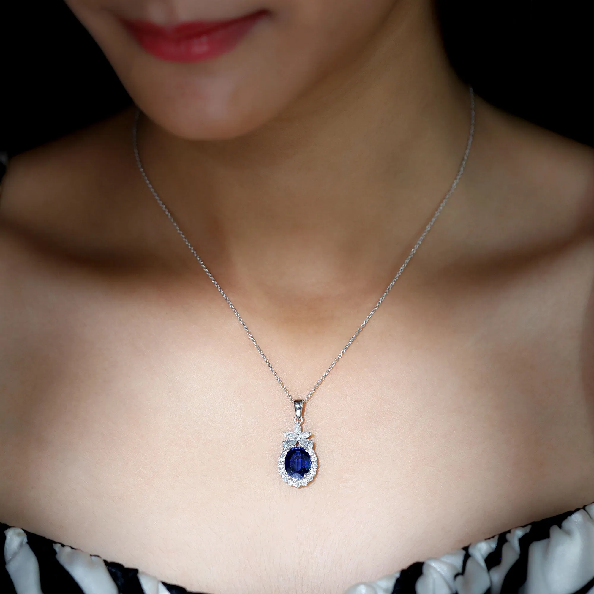 Oval Cut Created Blue Sapphire and Moissanite Floral Statement Pendant