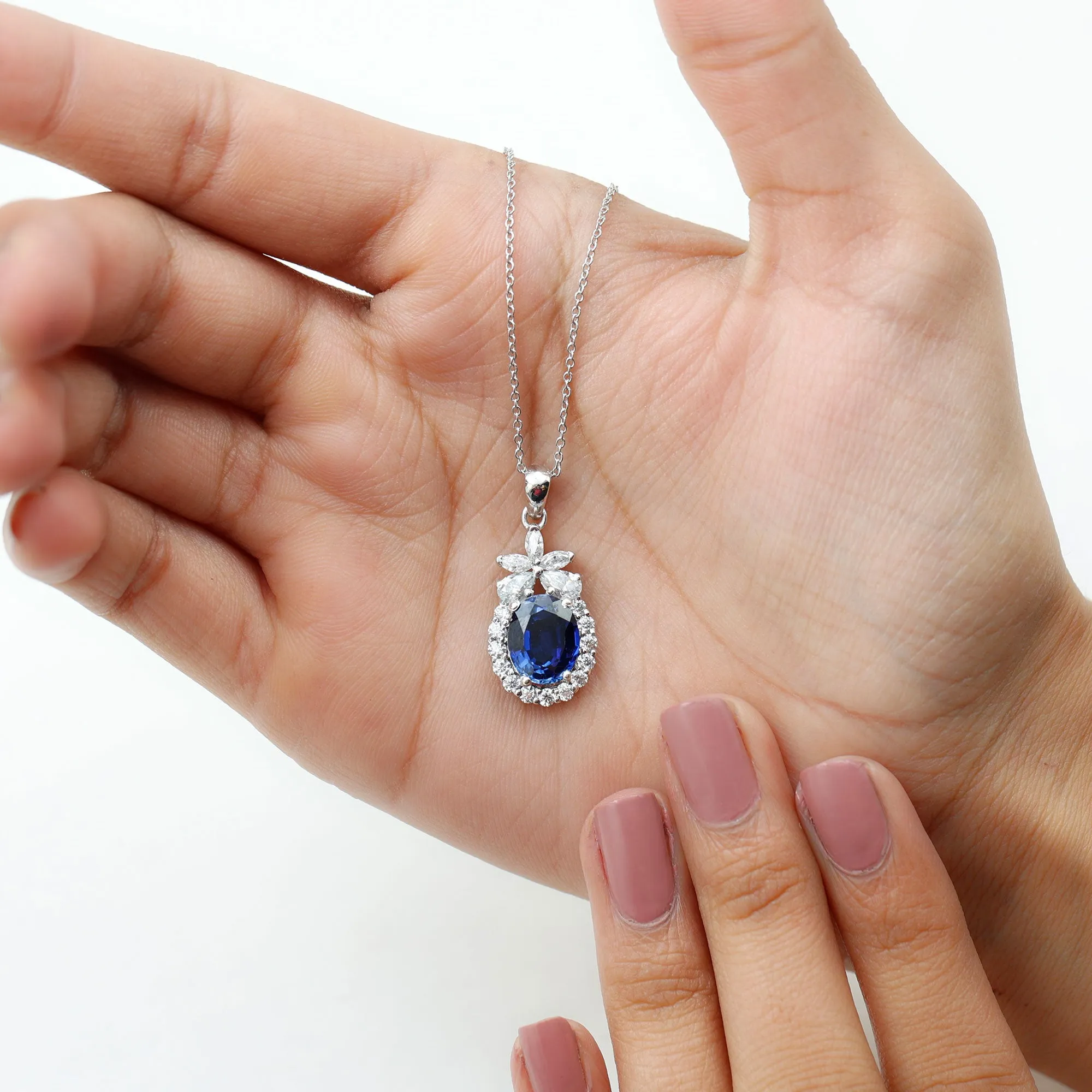 Oval Cut Created Blue Sapphire and Moissanite Floral Statement Pendant