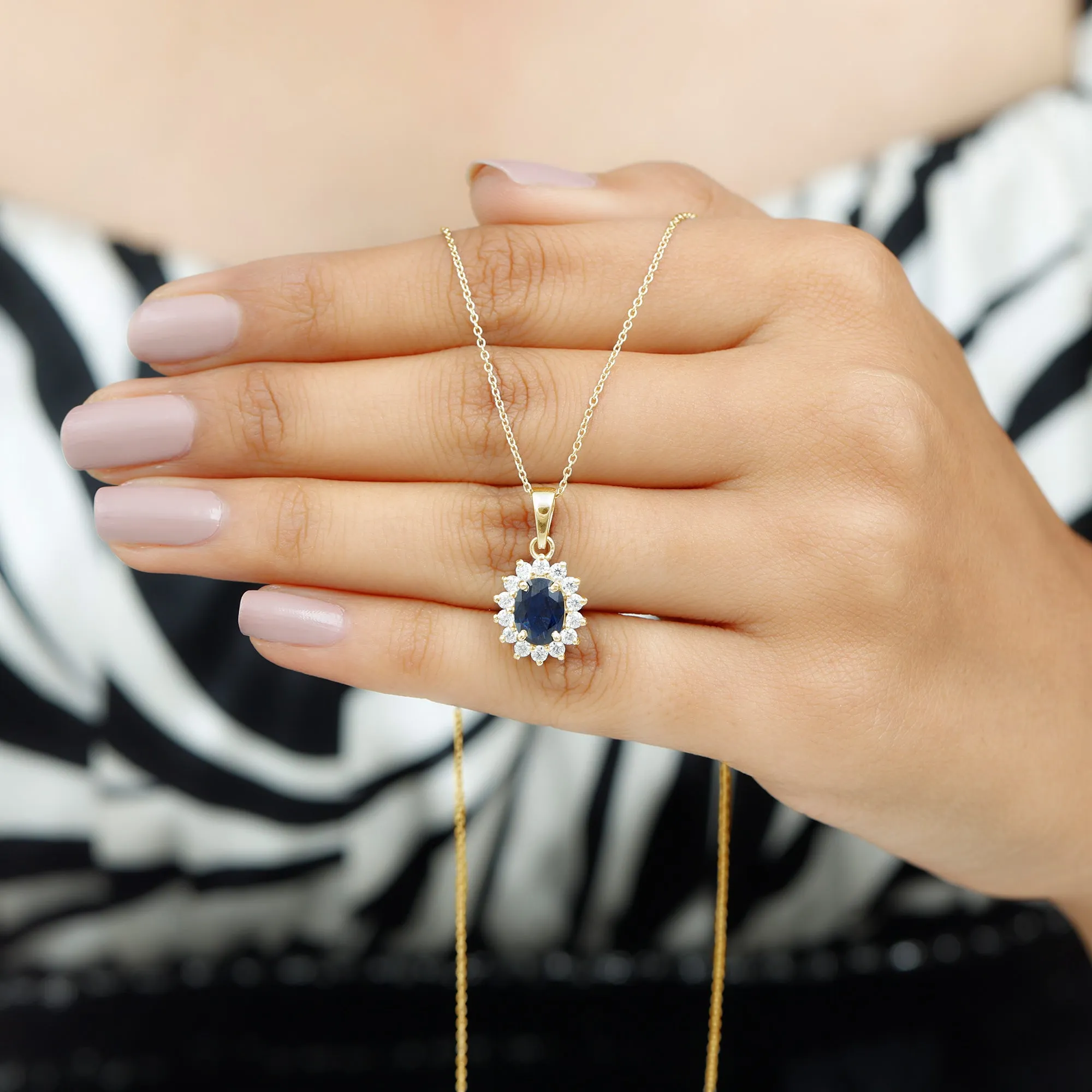 Oval Cut Created Blue Sapphire Halo Pendant Necklace with Diamond