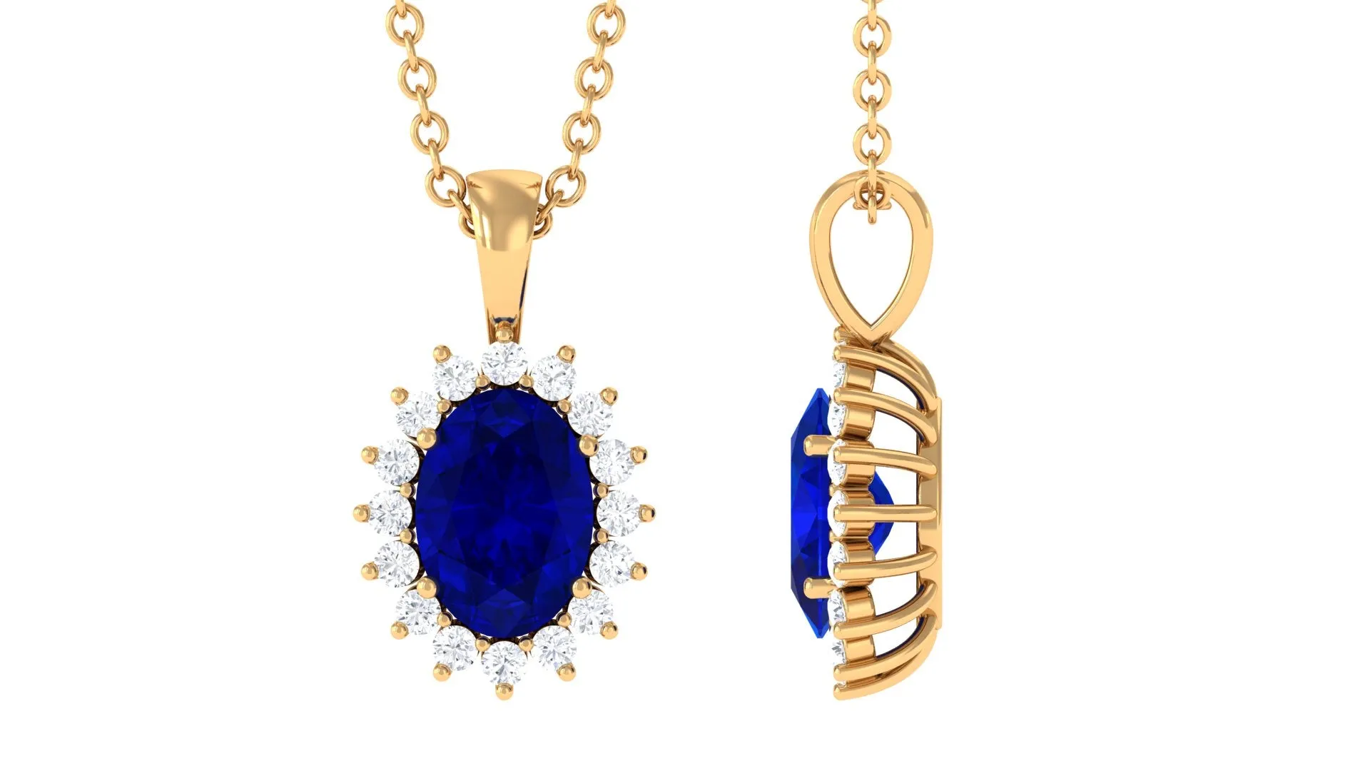 Oval Cut Created Blue Sapphire Halo Pendant Necklace with Diamond