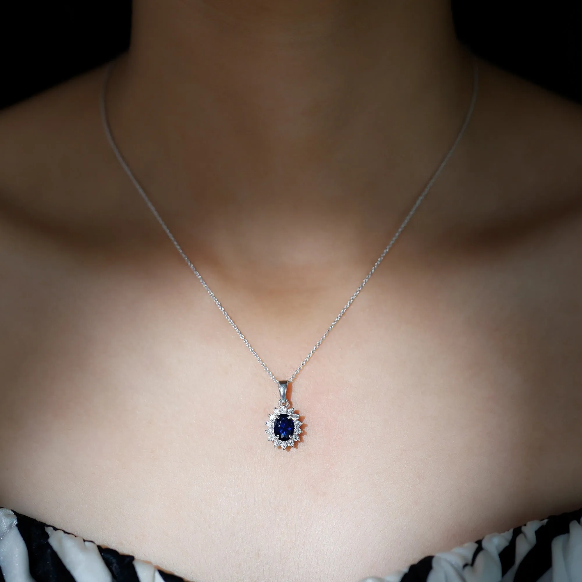 Oval Cut Created Blue Sapphire Halo Pendant Necklace with Diamond