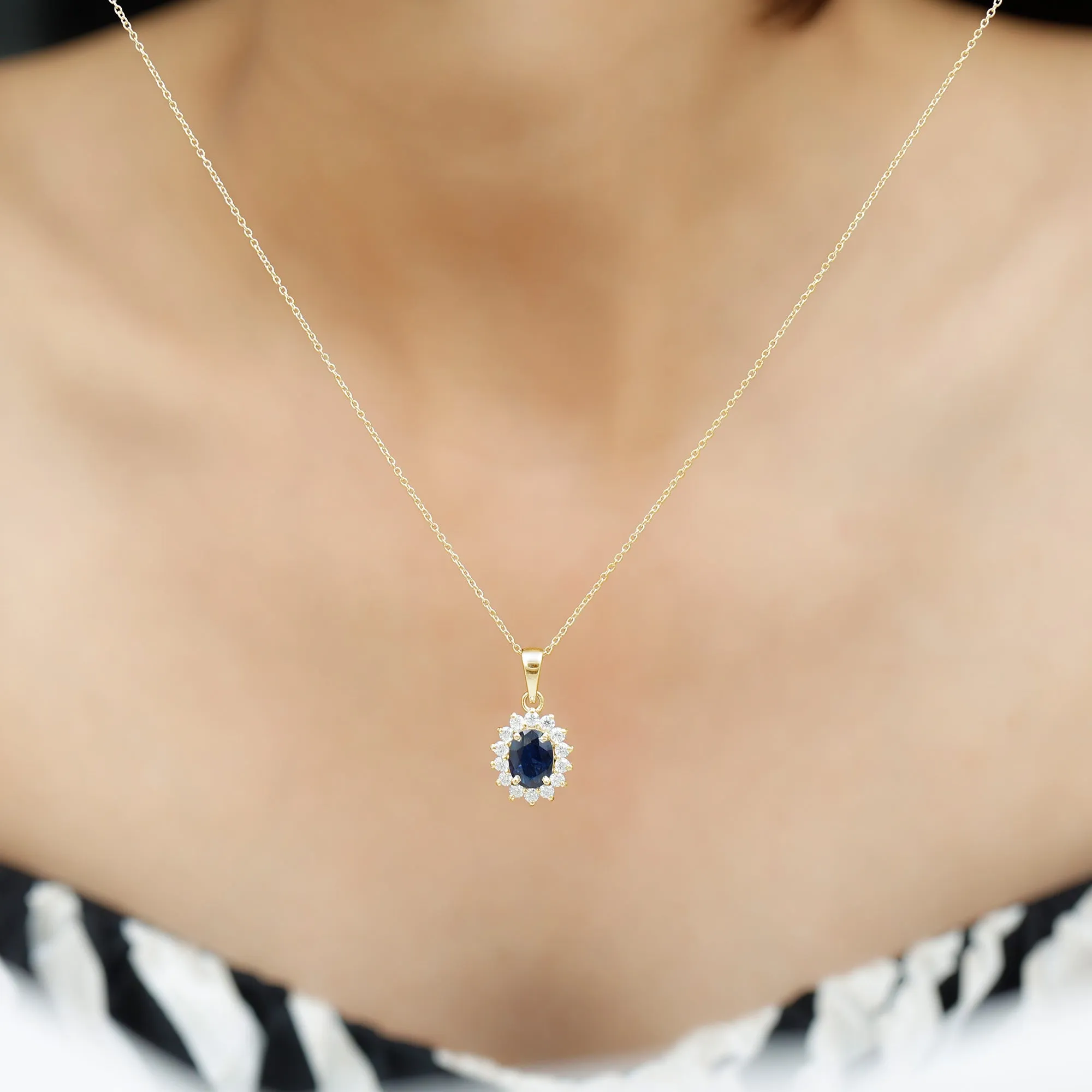 Oval Cut Created Blue Sapphire Halo Pendant Necklace with Diamond
