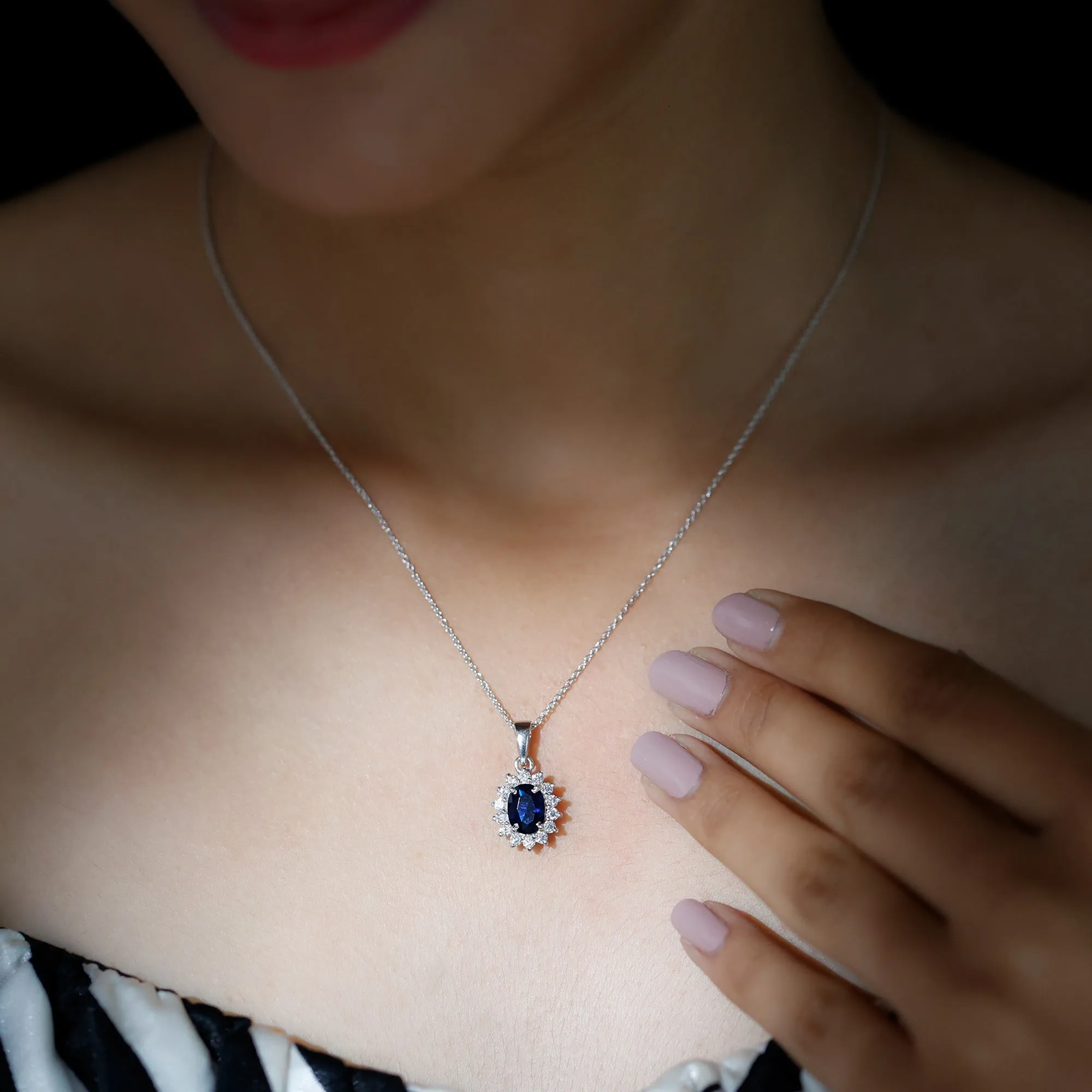 Oval Cut Created Blue Sapphire Halo Pendant Necklace with Diamond