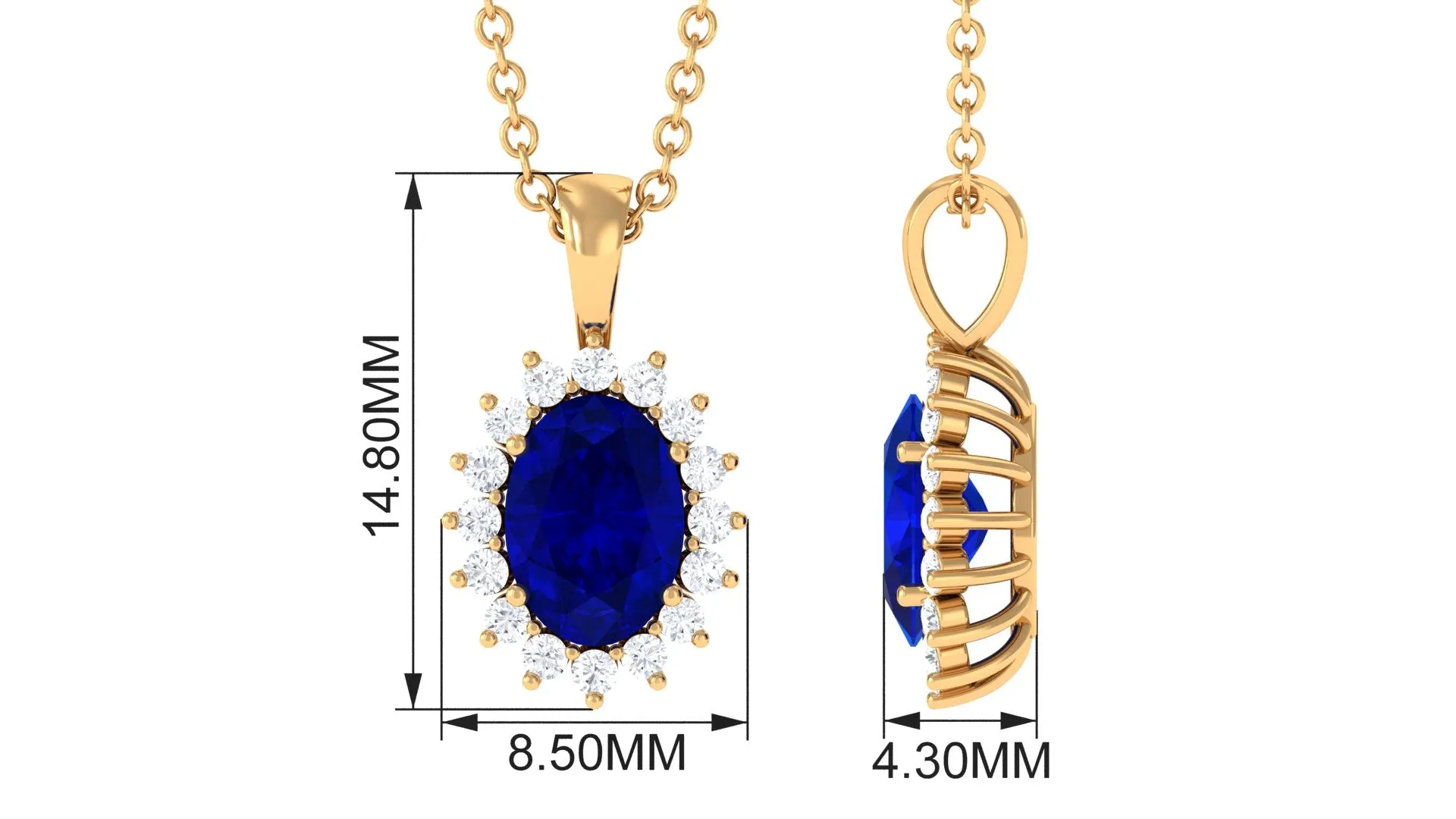 Oval Cut Created Blue Sapphire Halo Pendant Necklace with Diamond