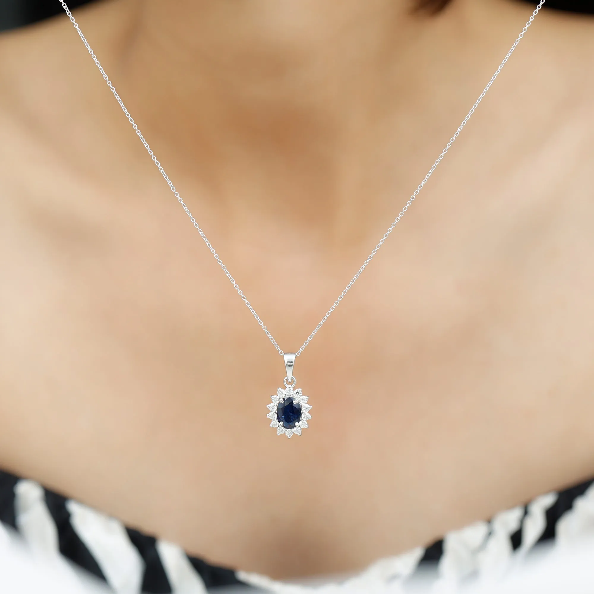 Oval Cut Created Blue Sapphire Halo Pendant Necklace with Diamond