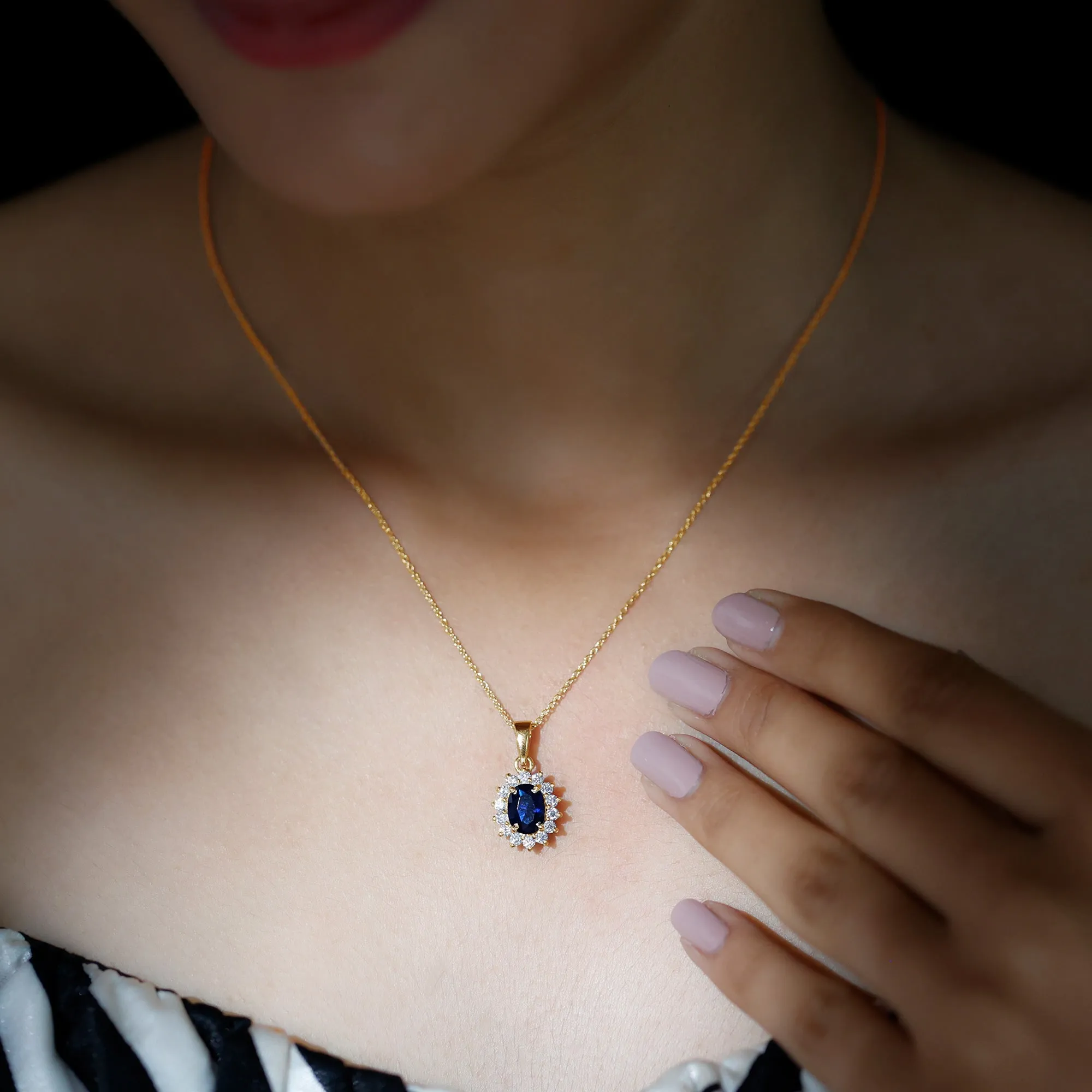 Oval Cut Created Blue Sapphire Halo Pendant Necklace with Diamond