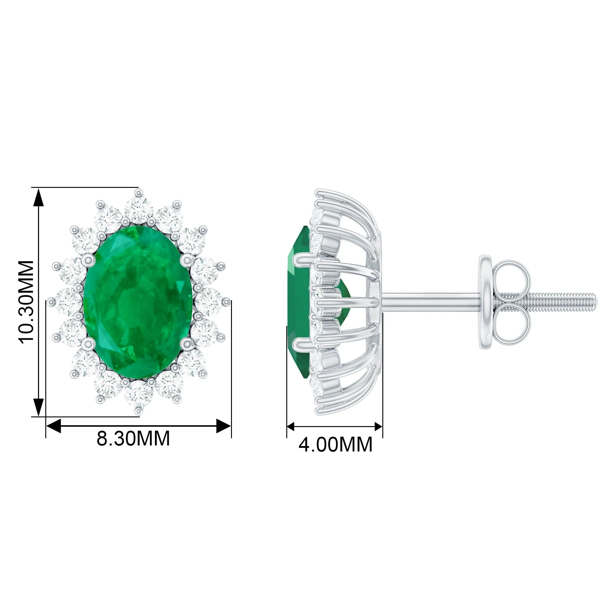Oval Cut Natural Emerald Stud Earrings with Diamond Halo