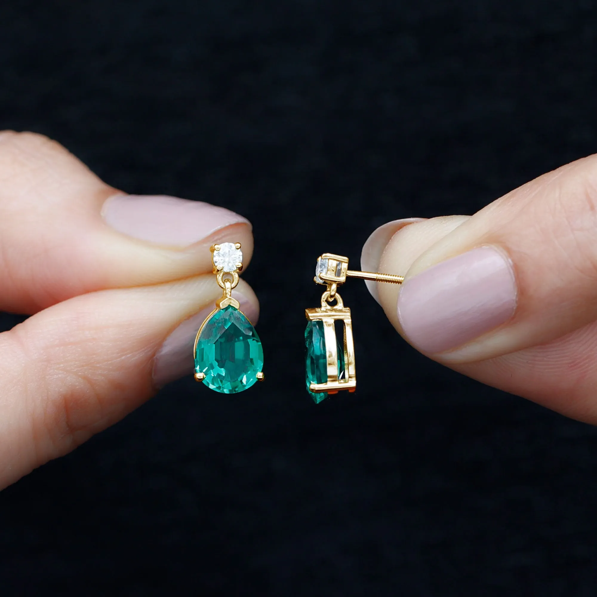 Pear Cut Created Emerald Teardrop Earrings with Moissanite