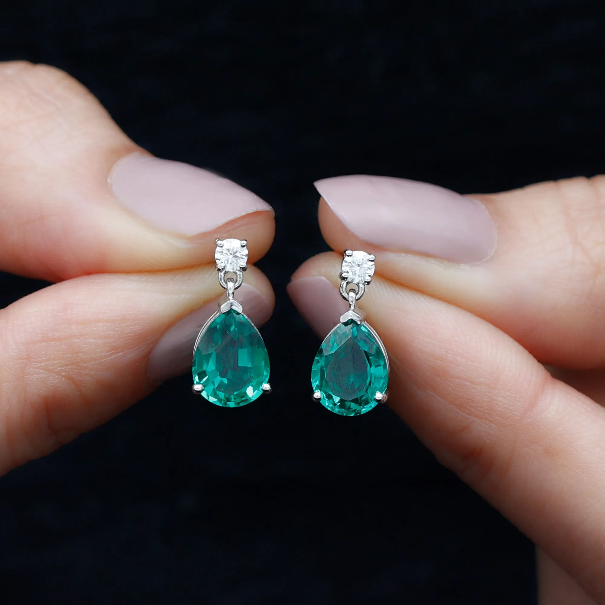 Pear Cut Created Emerald Teardrop Earrings with Moissanite