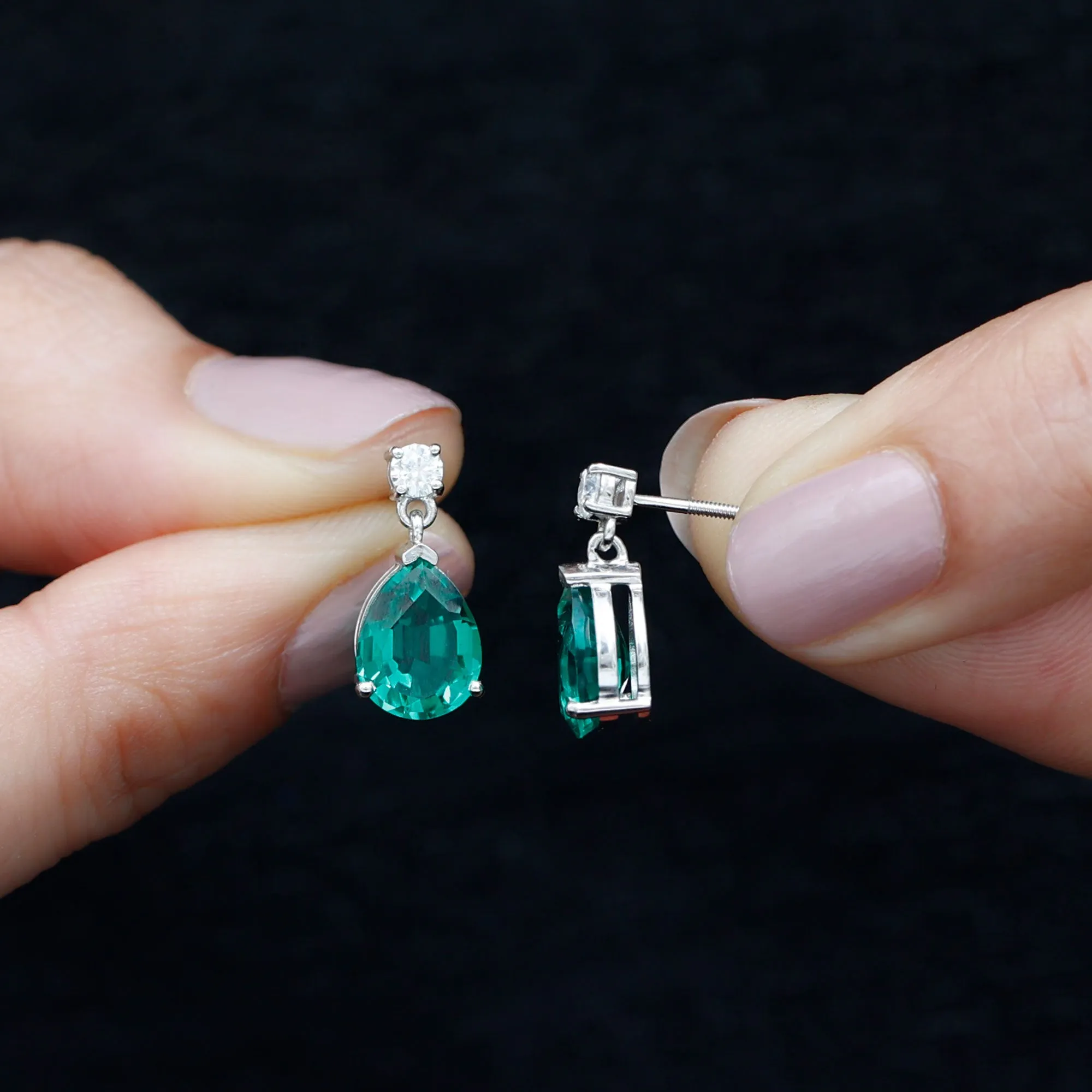 Pear Cut Created Emerald Teardrop Earrings with Moissanite