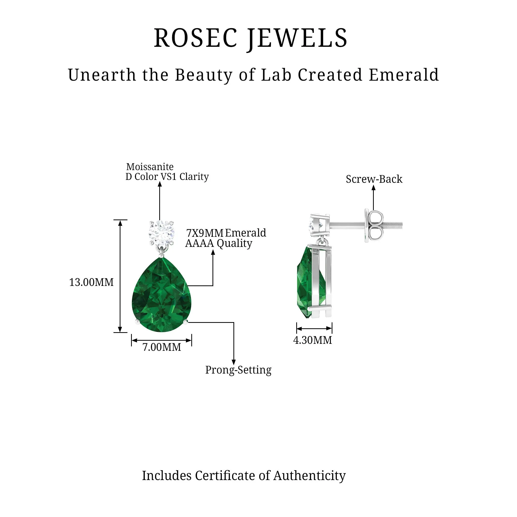 Pear Cut Created Emerald Teardrop Earrings with Moissanite