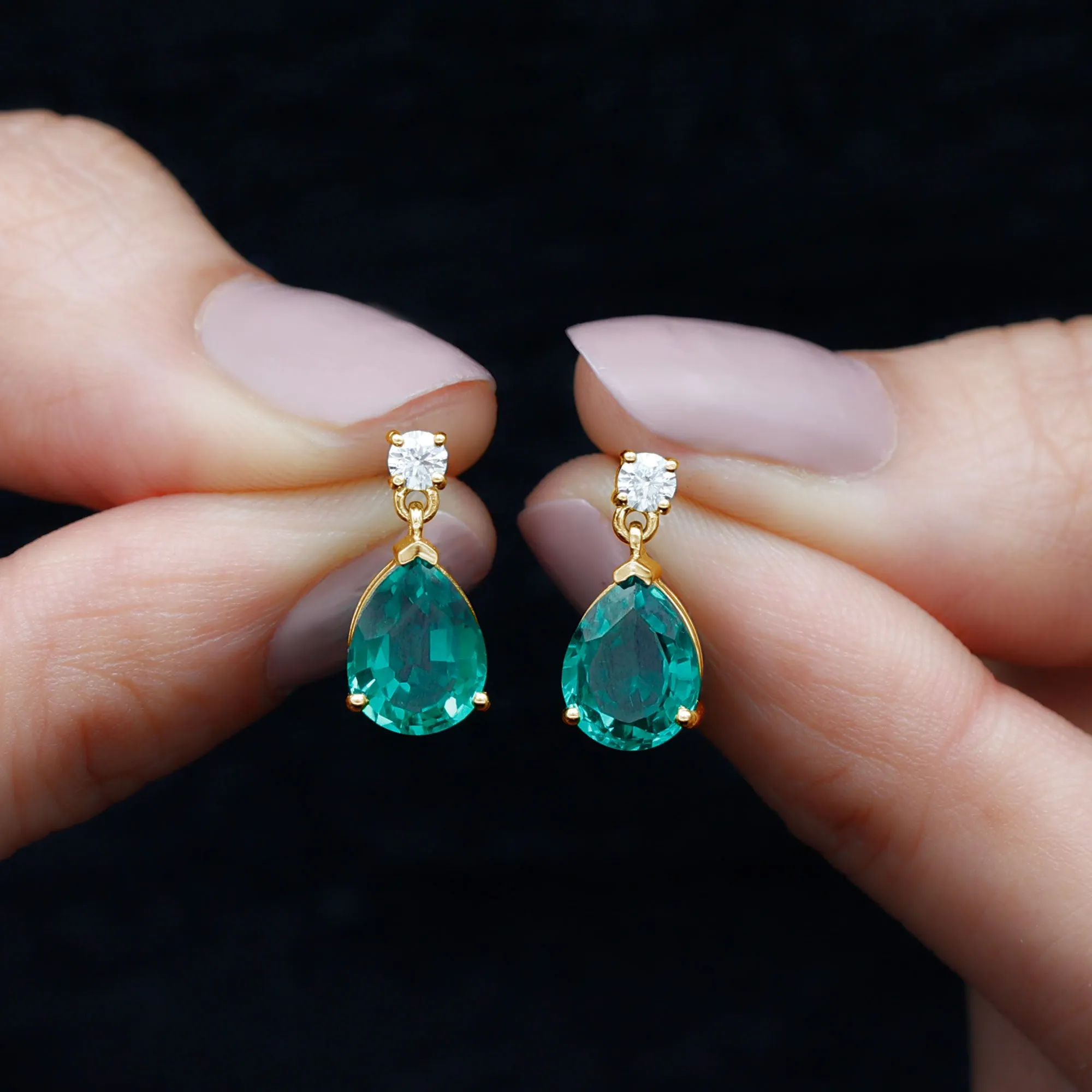 Pear Cut Created Emerald Teardrop Earrings with Moissanite