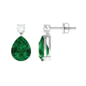 Pear Cut Created Emerald Teardrop Earrings with Moissanite