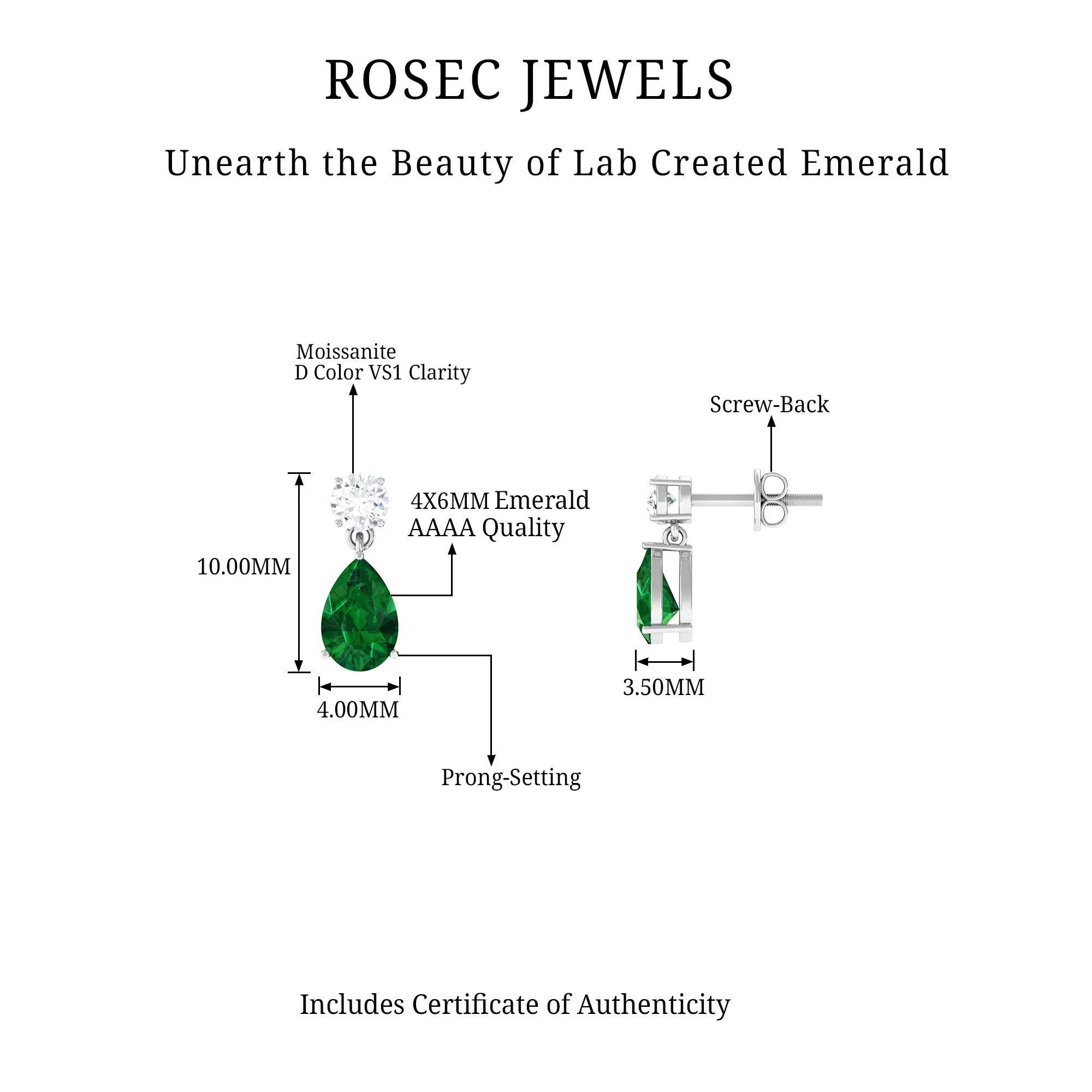Pear Cut Lab Created Emerald and Moissanite Silver Simple Teardrop Earrings
