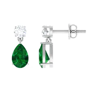Pear Cut Lab Created Emerald and Moissanite Silver Simple Teardrop Earrings