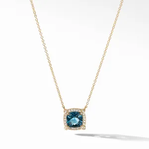 Petite Chatelaine Pave Bezel Pendant Necklace in 18K Yellow Gold with Hampton Blue Topaz