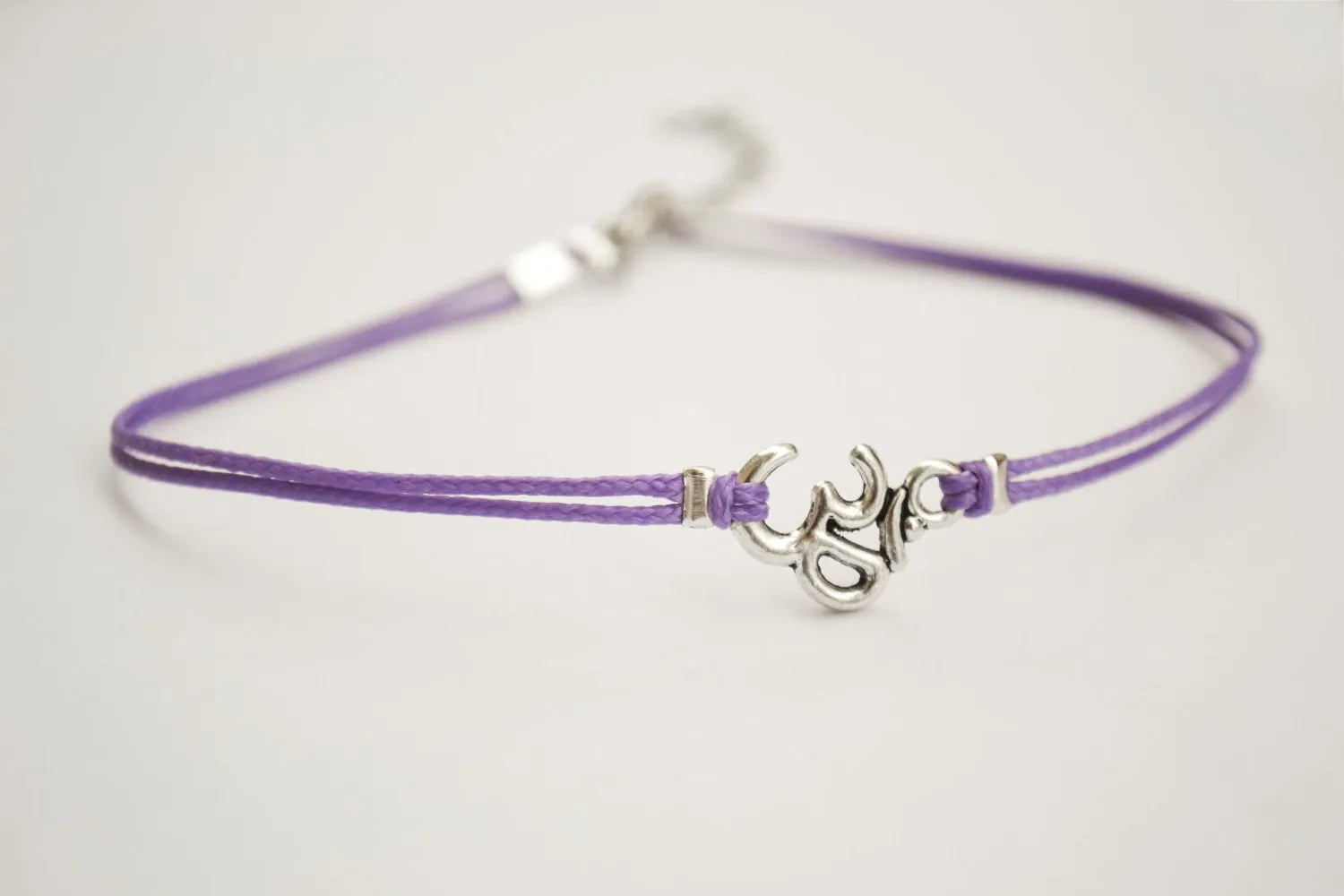 Purple cord anklet with silver Om charm, yoga ankle bracelet