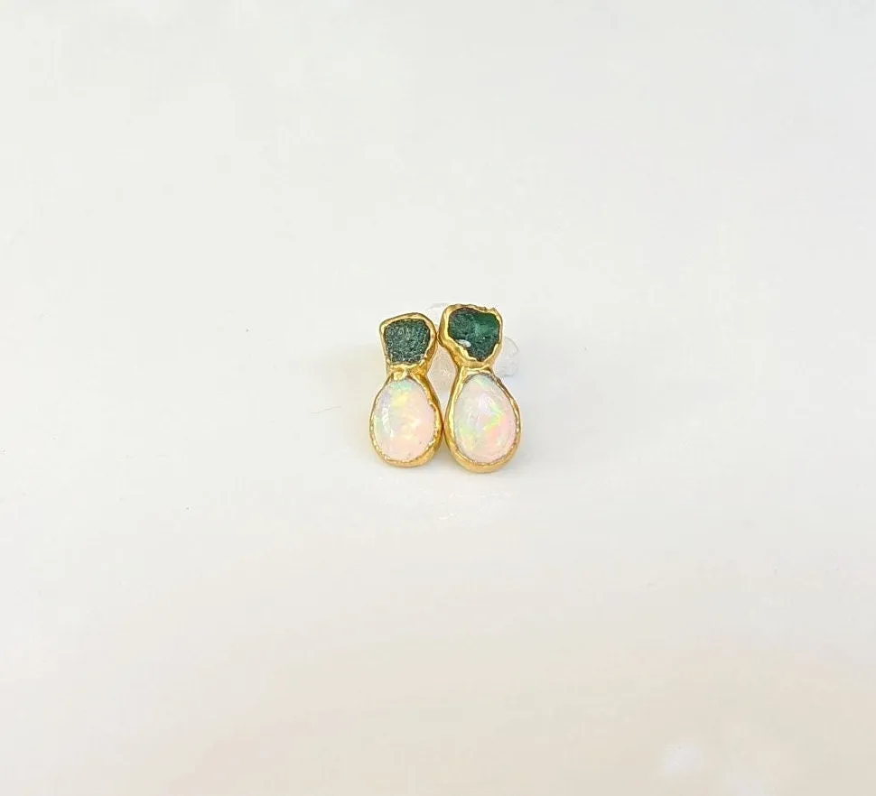 Raw Emerald and Opal stud earrings