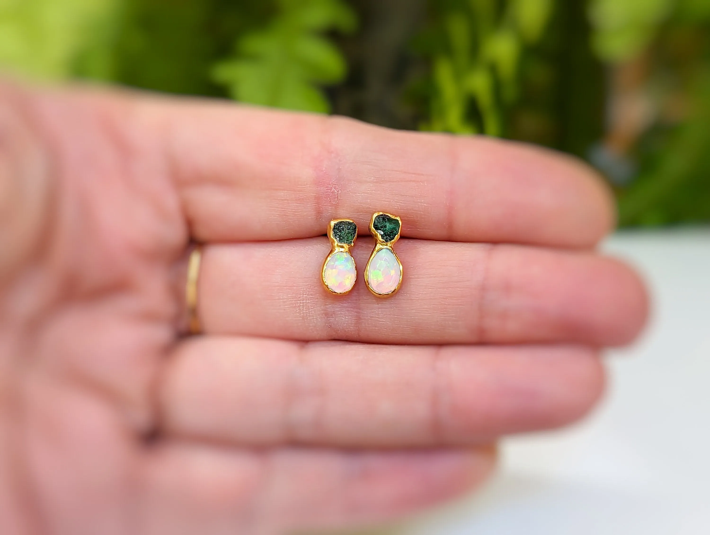 Raw Emerald and Opal stud earrings