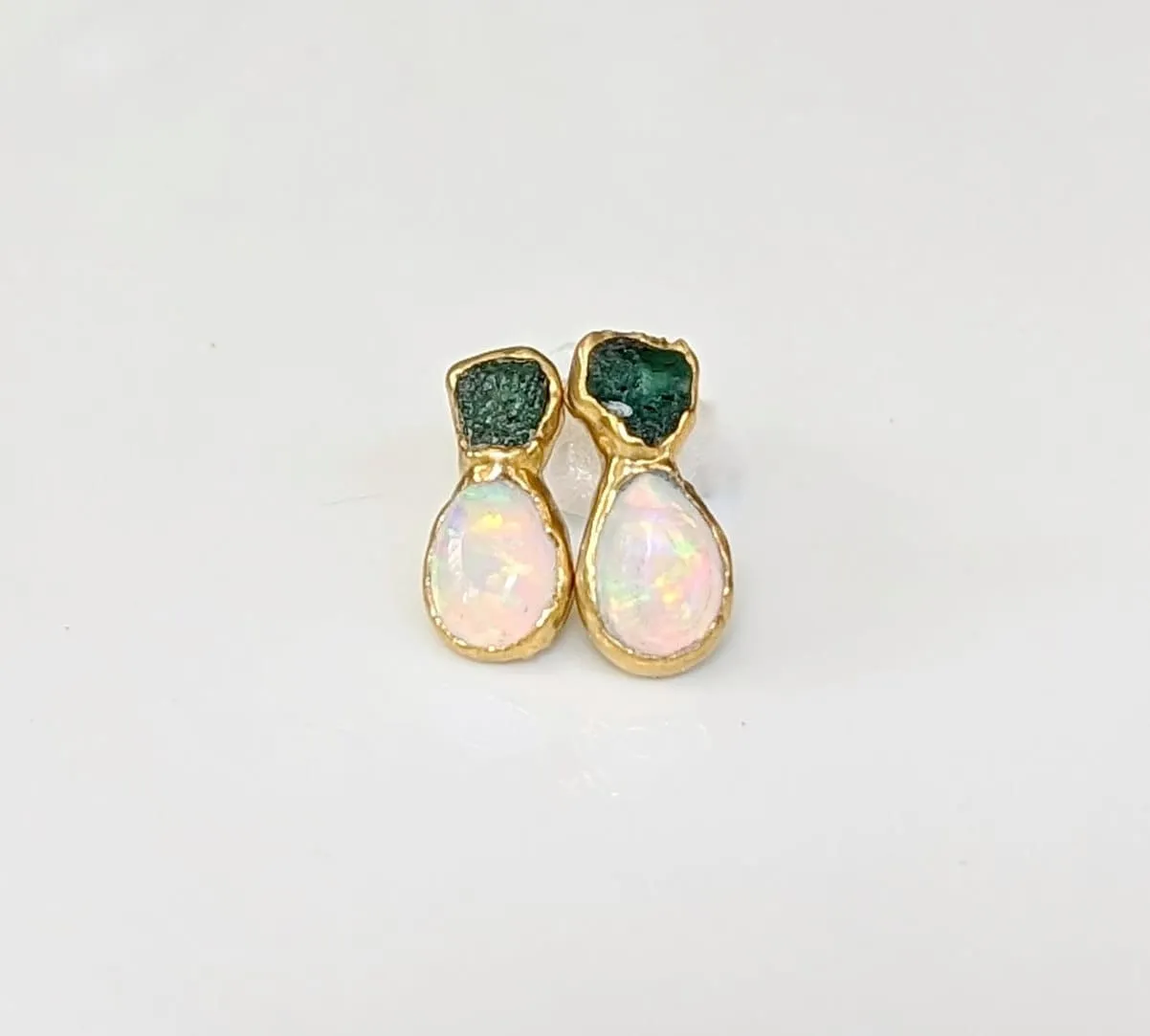 Raw Emerald and Opal stud earrings