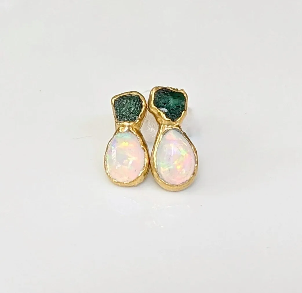 Raw Emerald and Opal stud earrings