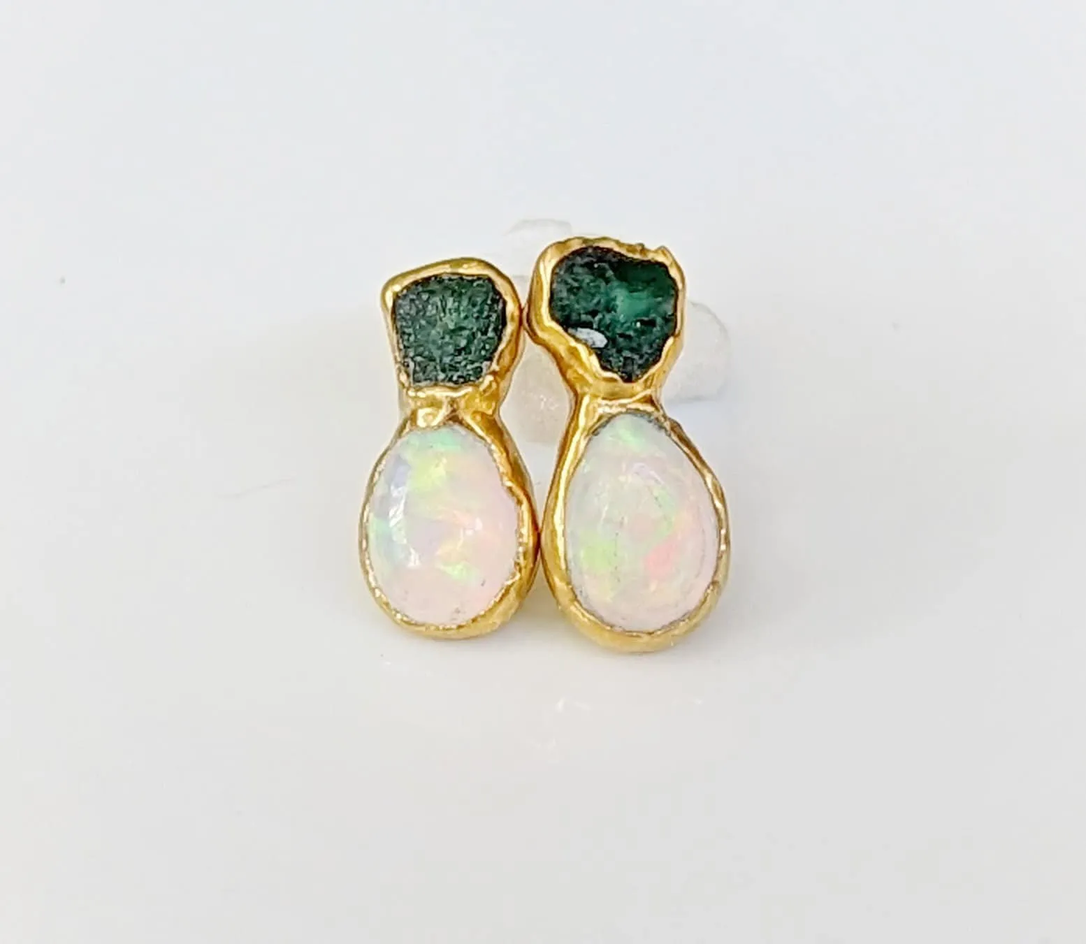 Raw Emerald and Opal stud earrings