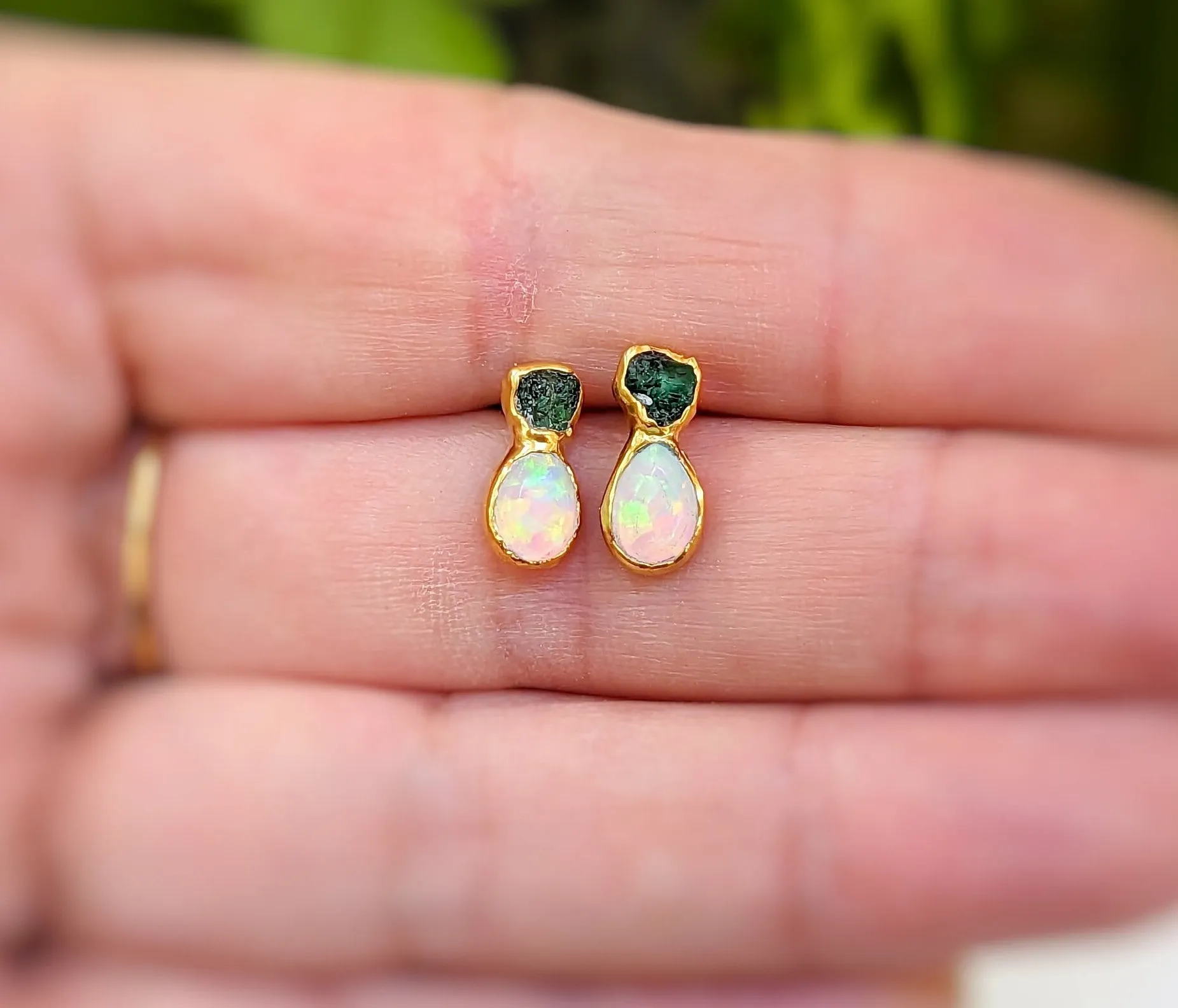 Raw Emerald and Opal stud earrings