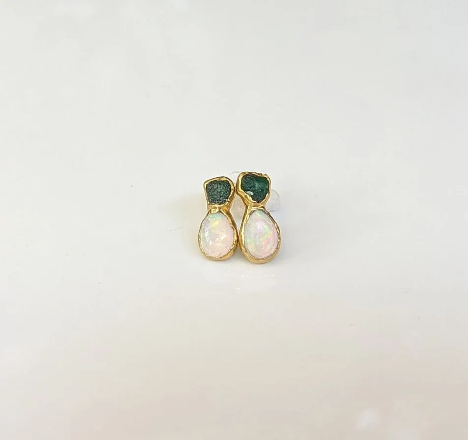 Raw Emerald and Opal stud earrings
