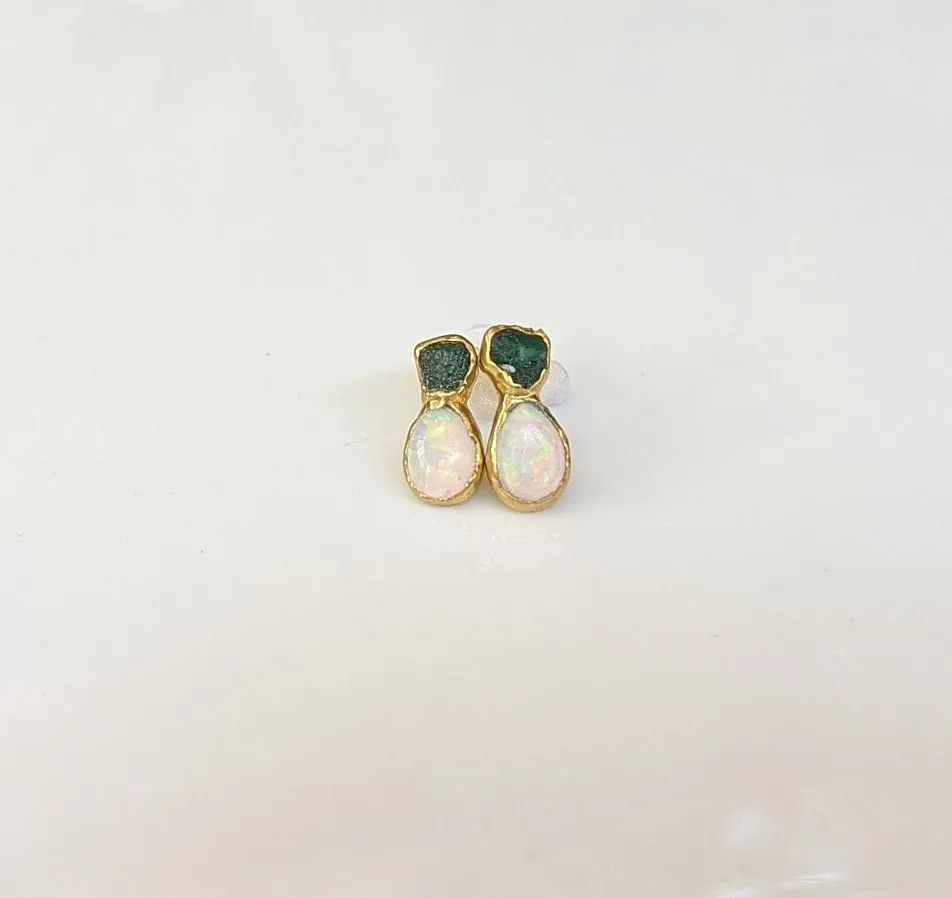Raw Emerald and Opal stud earrings