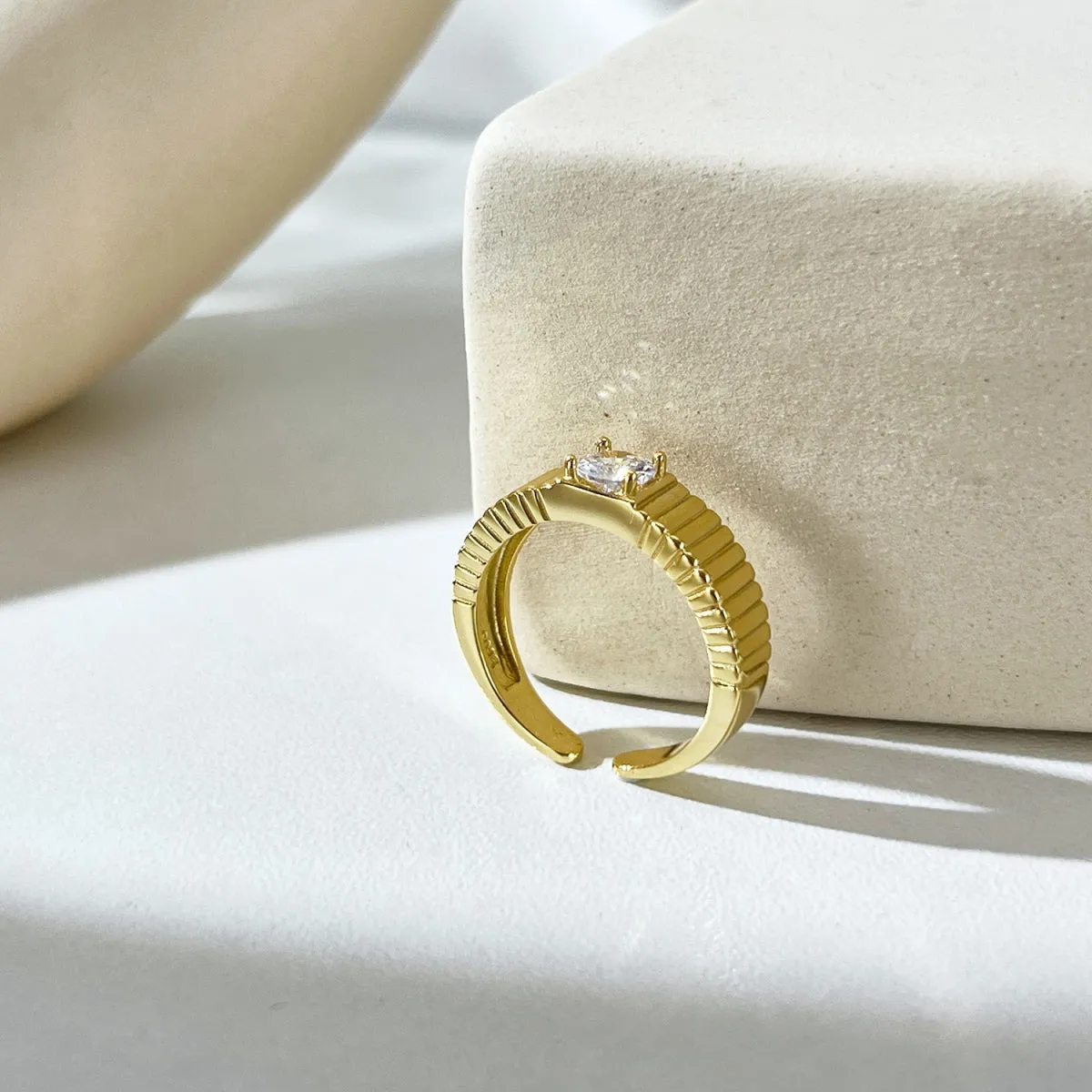 Ribbed Solitaire Statement Signet Ring