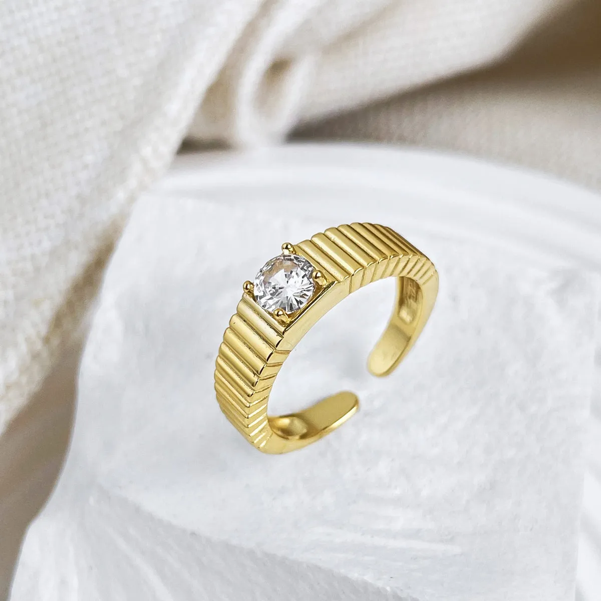 Ribbed Solitaire Statement Signet Ring