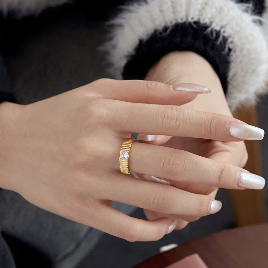 Ribbed Solitaire Statement Signet Ring