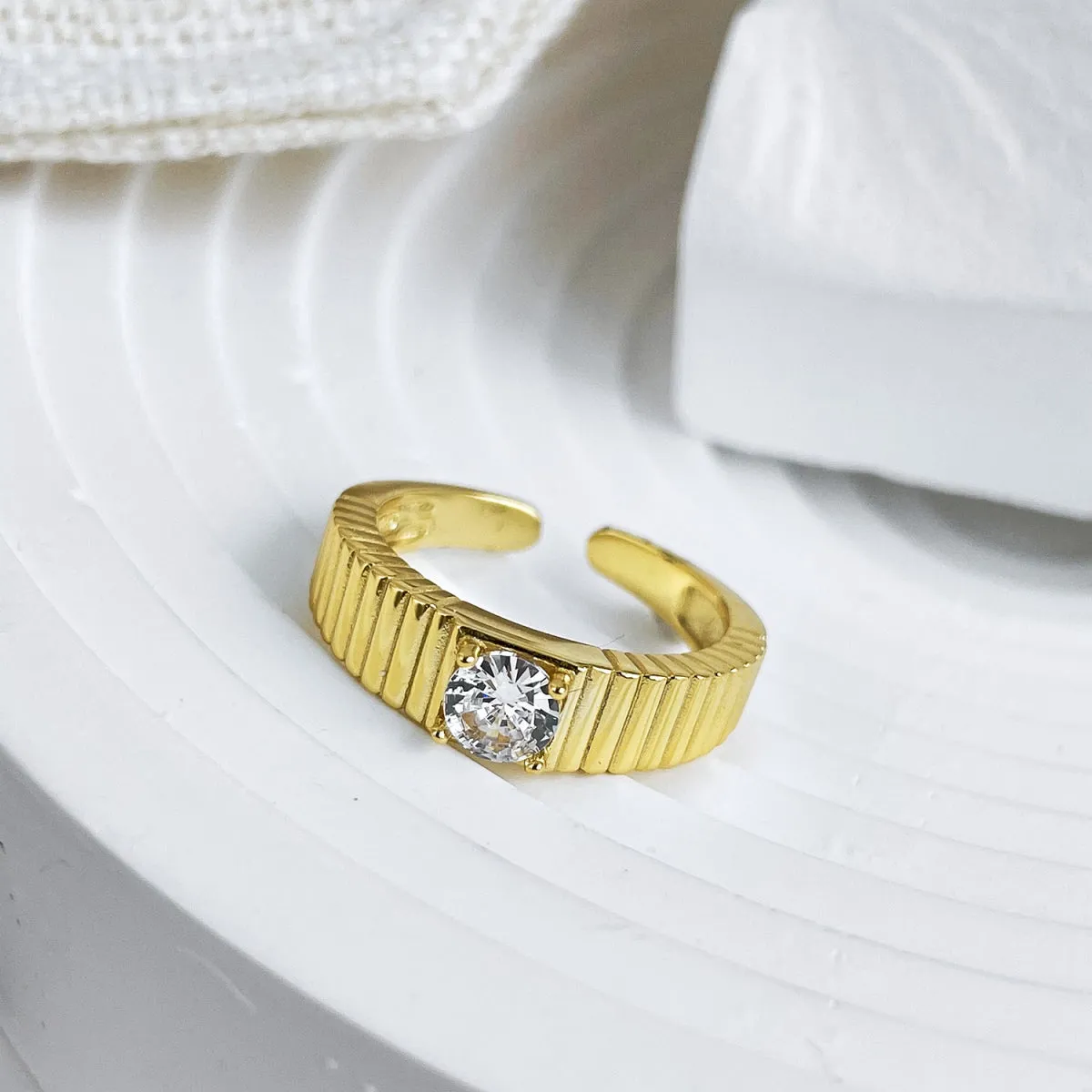 Ribbed Solitaire Statement Signet Ring