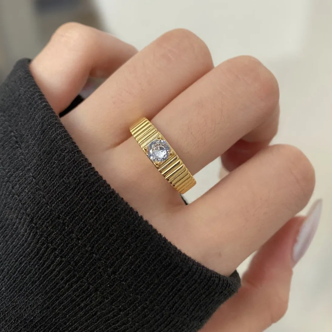 Ribbed Solitaire Statement Signet Ring