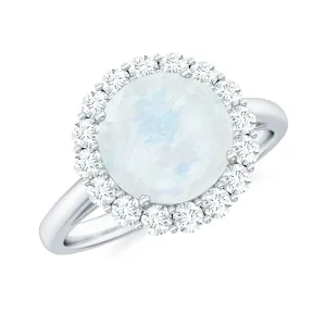 Round Moonstone Simple Halo Engagement Ring with Diamond