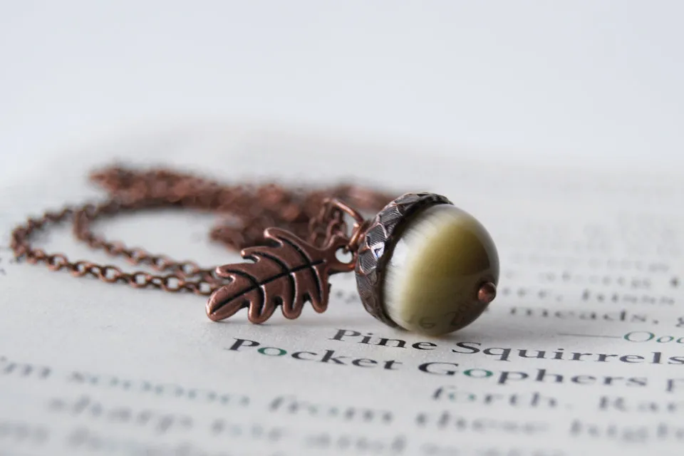 Saffron and Copper Acorn Necklace | Cute Nature Acorn Charm Necklace | Fall Acorn Necklace | Woodland Gemstone Acorn | Nature Jewelry