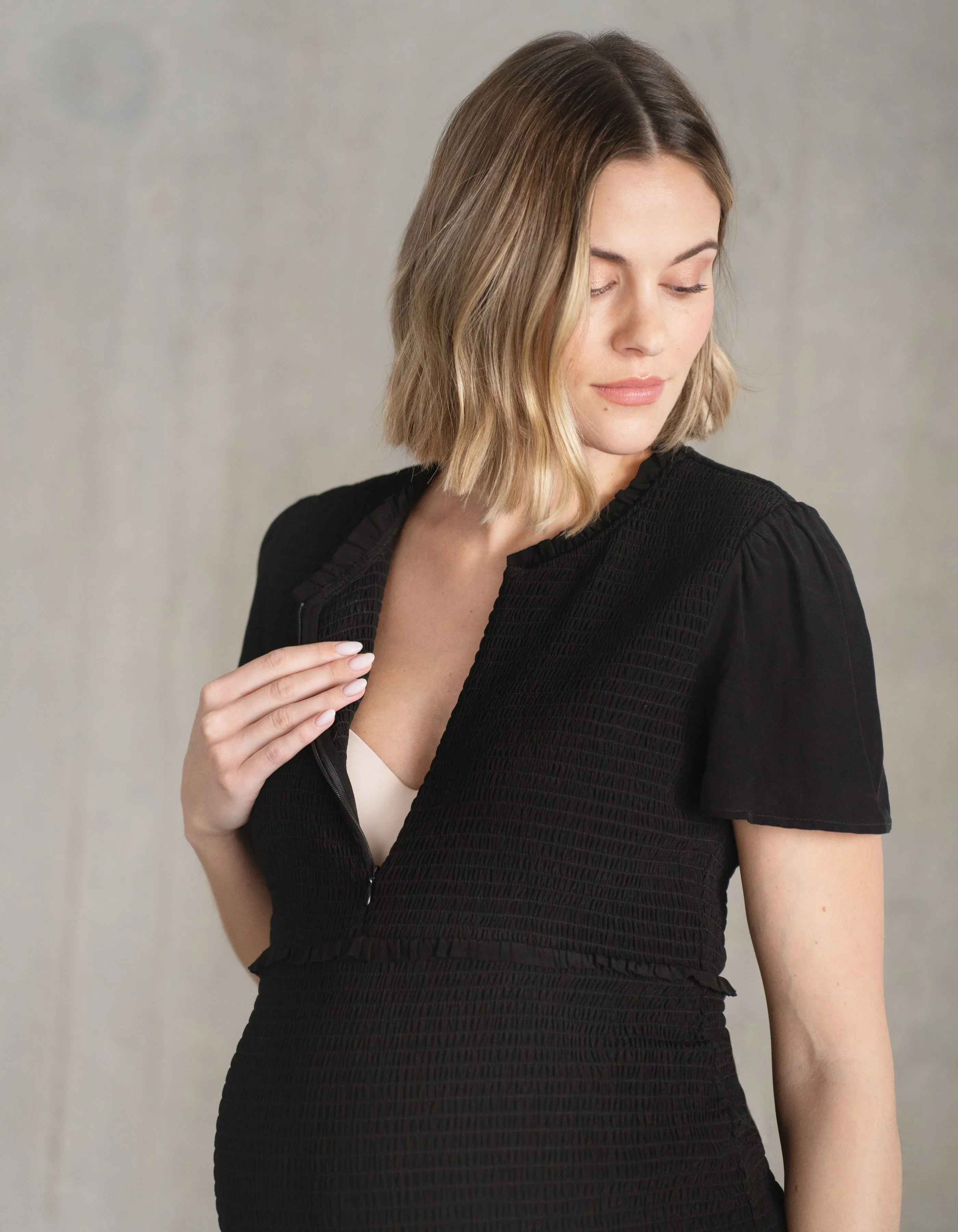 Shirred Angel Sleeve Mini Maternity Dress