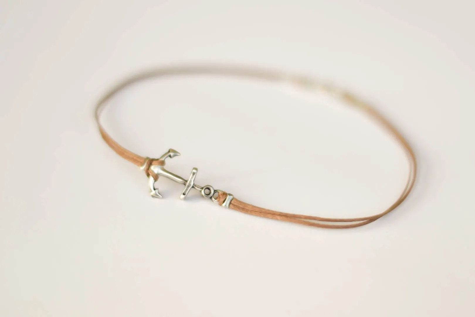 Silver Anchor anklet for men, brown cord, ankle bracelet