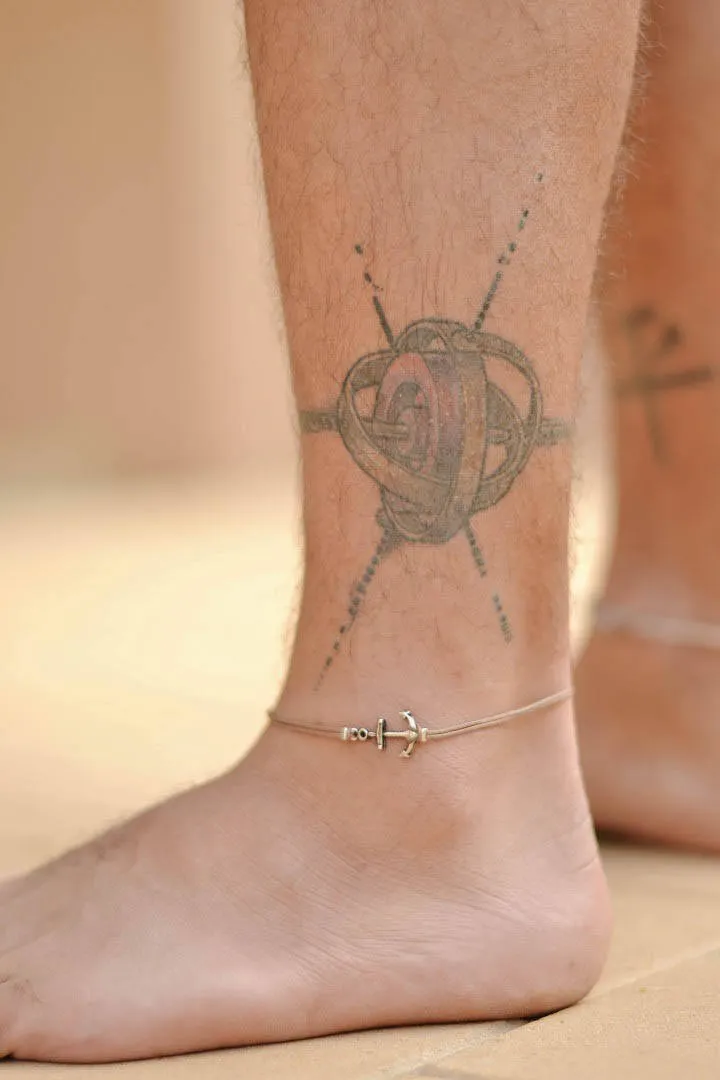Silver Anchor anklet for men, brown cord, ankle bracelet