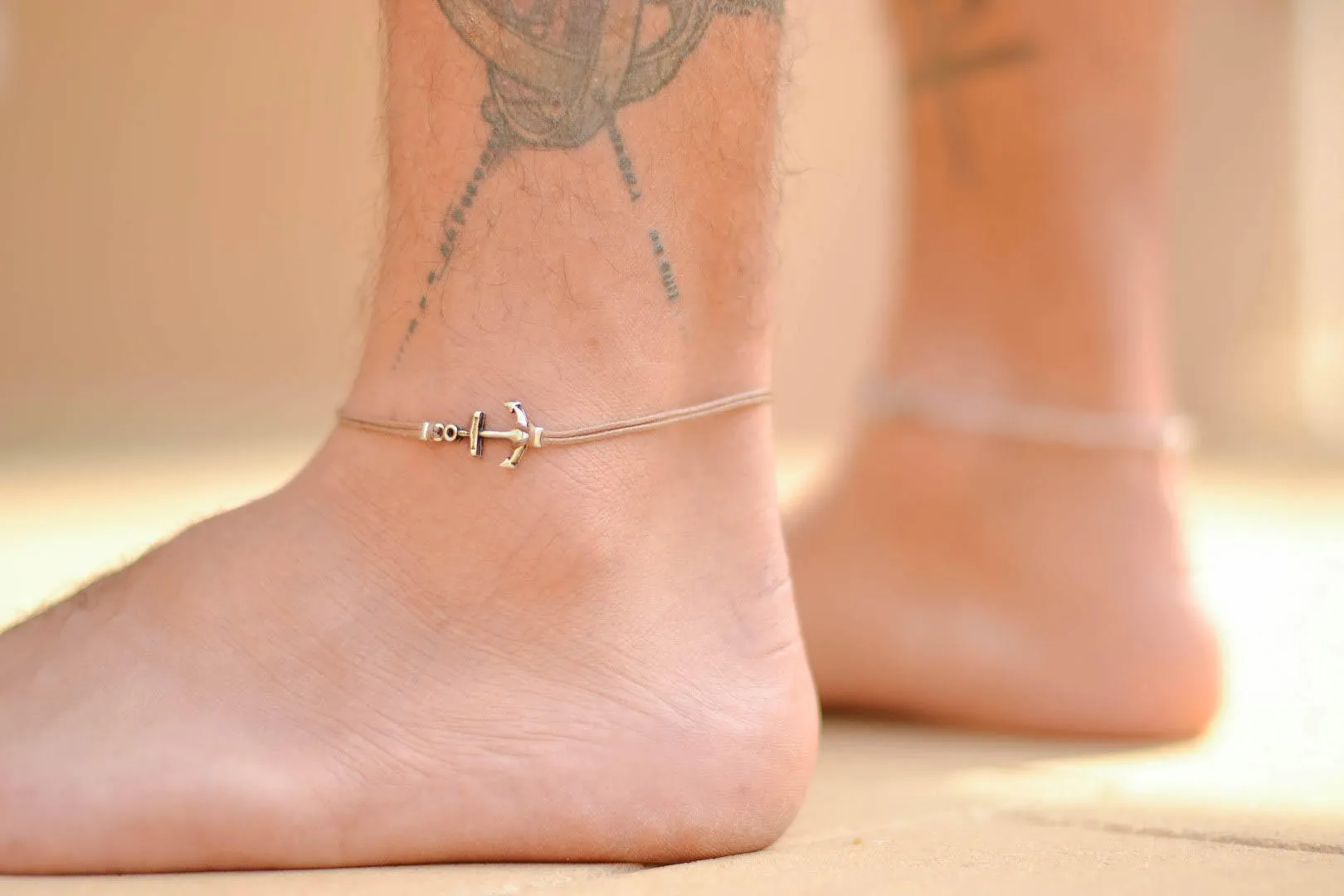 Silver Anchor anklet for men, brown cord, ankle bracelet