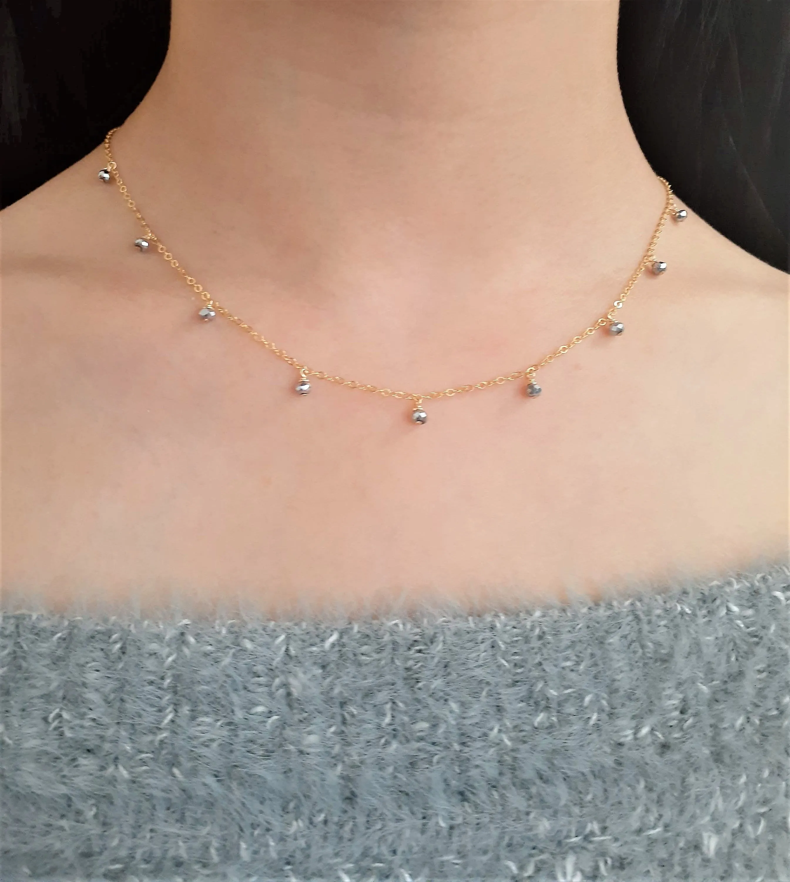 Silver Pyrite Drop Choker Necklace - Two Toned Necklace