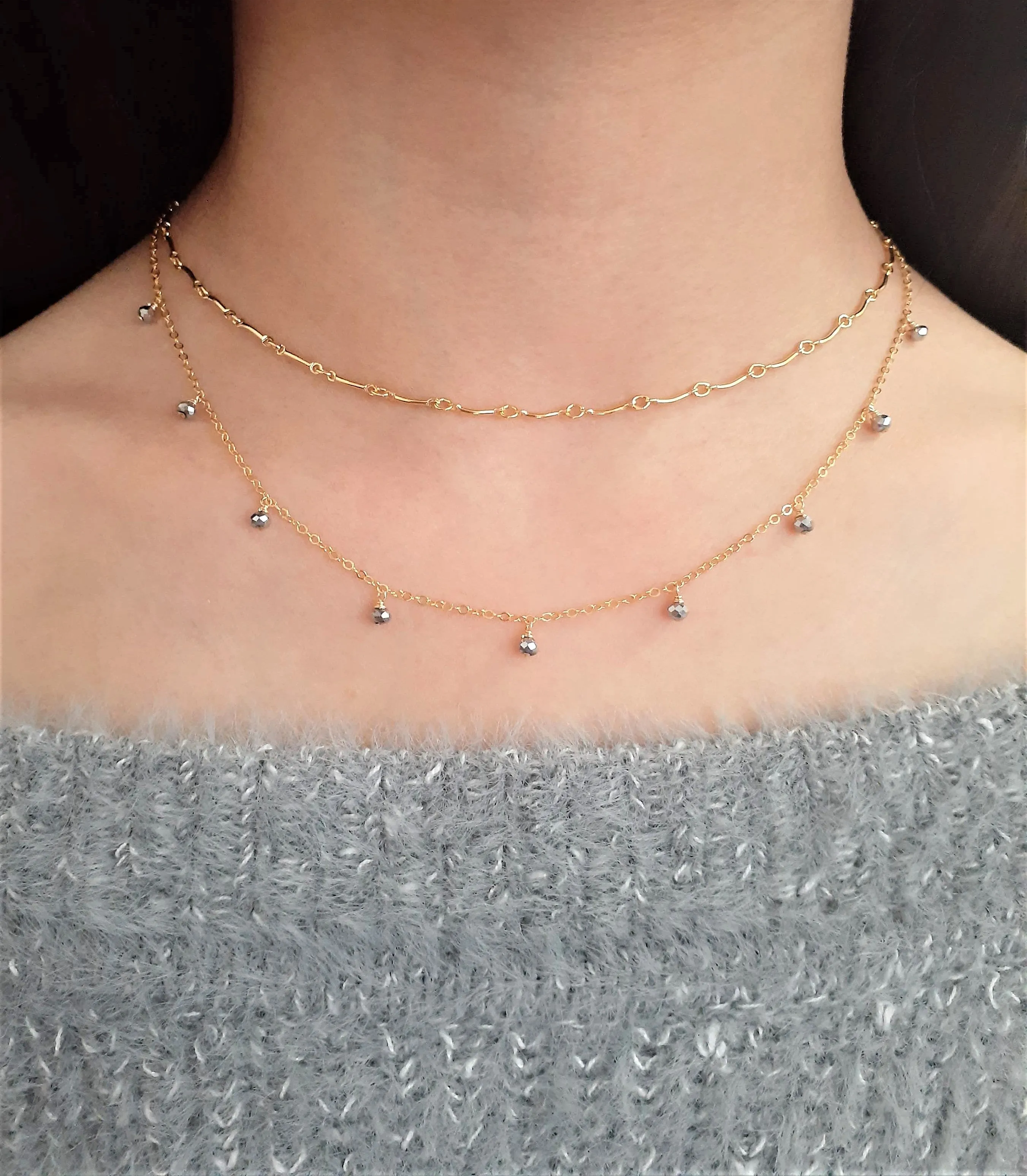 Silver Pyrite Drop Choker Necklace - Two Toned Necklace