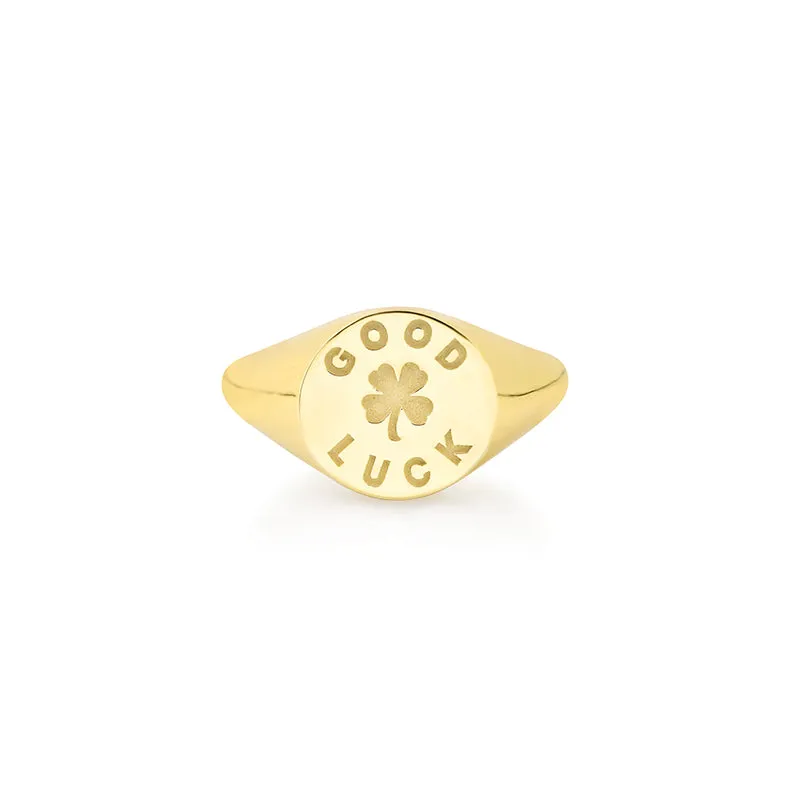 Small Good Luck & Clover Sentiment Signet Ring
