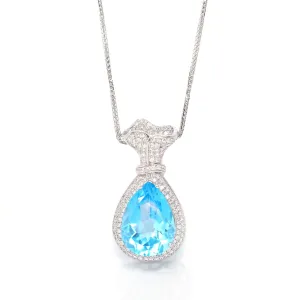 Sterling Silver AA Natural Topaz Luxury Money Bag Pendant Necklace With CZ