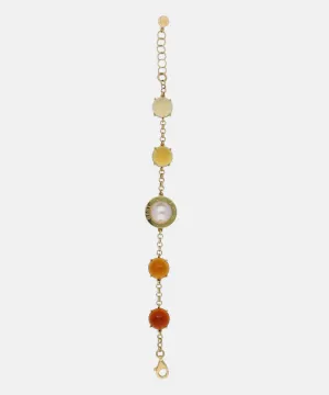 Sterling Silver Gold Plated Bracelet for Women with Organic Pearl, 12mm Round White Pearls and Amber Murano Crystals, 6.7" Diameter, Algaida Collection