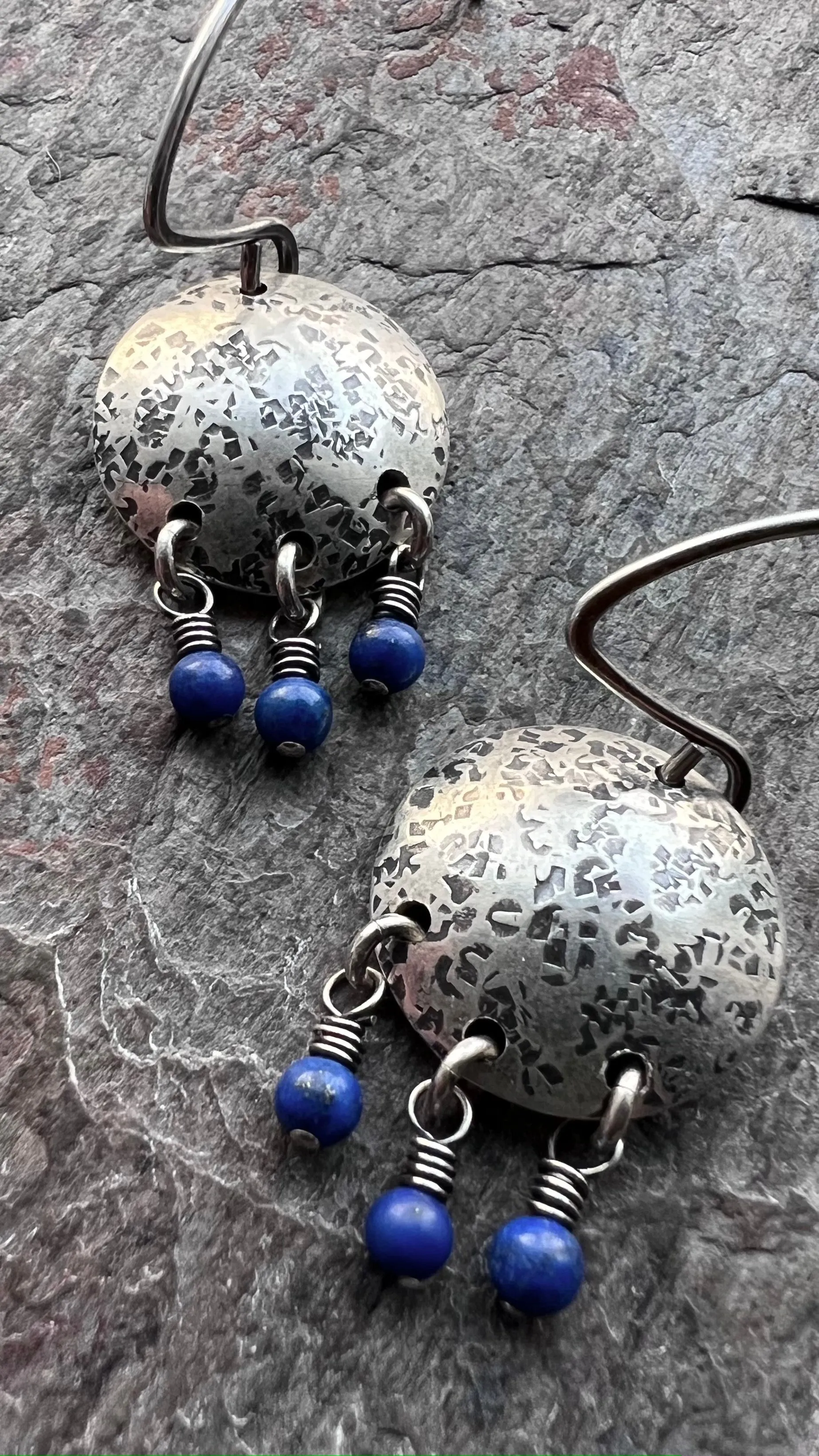 Sterling Silver Lapis Earrings Beaded Genuine Lapis Lazuli and Silver Circle Blue Dangle Earrings