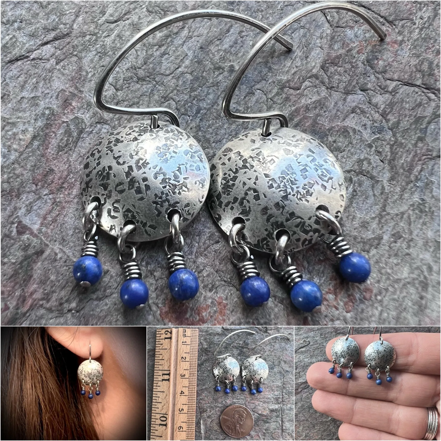 Sterling Silver Lapis Earrings Beaded Genuine Lapis Lazuli and Silver Circle Blue Dangle Earrings