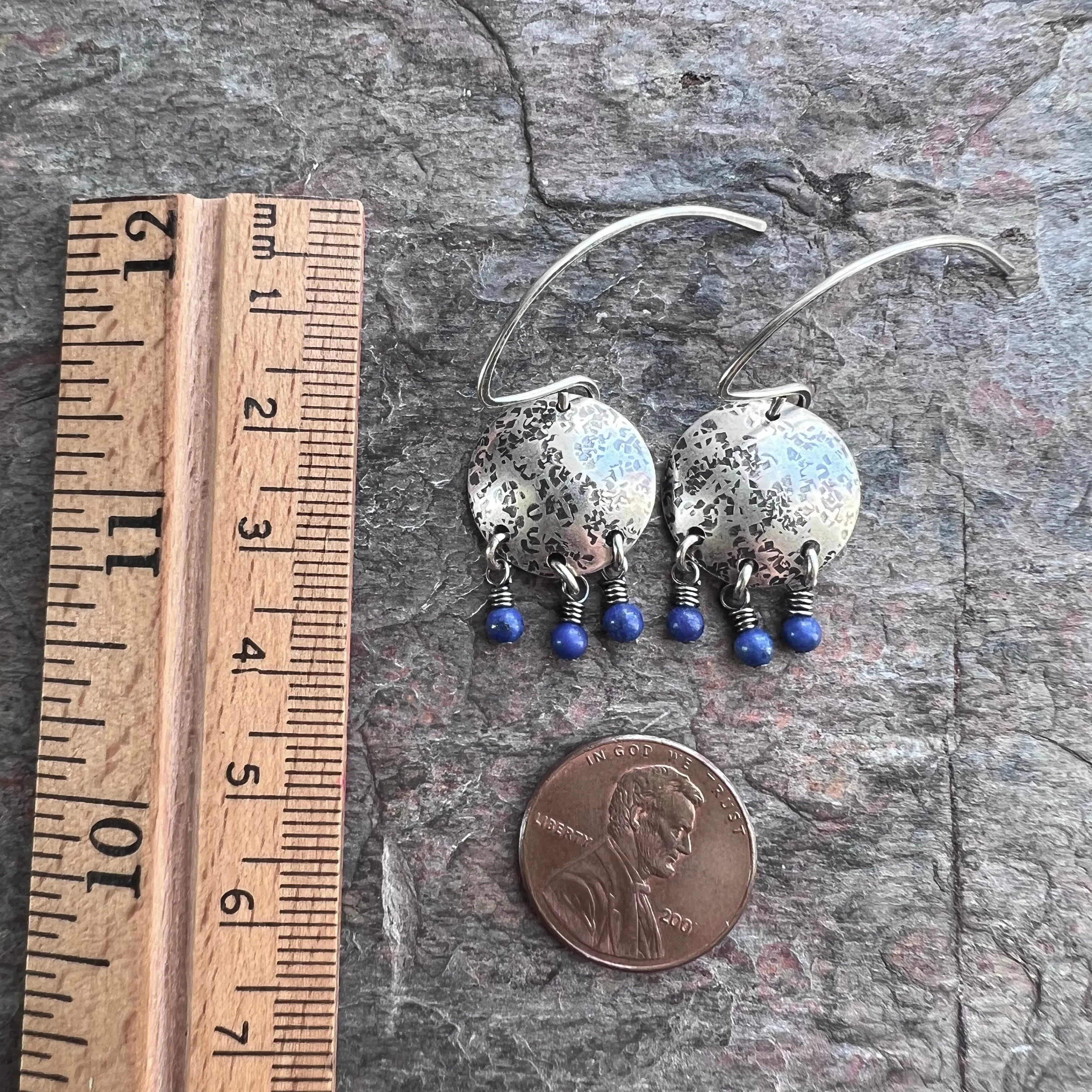 Sterling Silver Lapis Earrings Beaded Genuine Lapis Lazuli and Silver Circle Blue Dangle Earrings